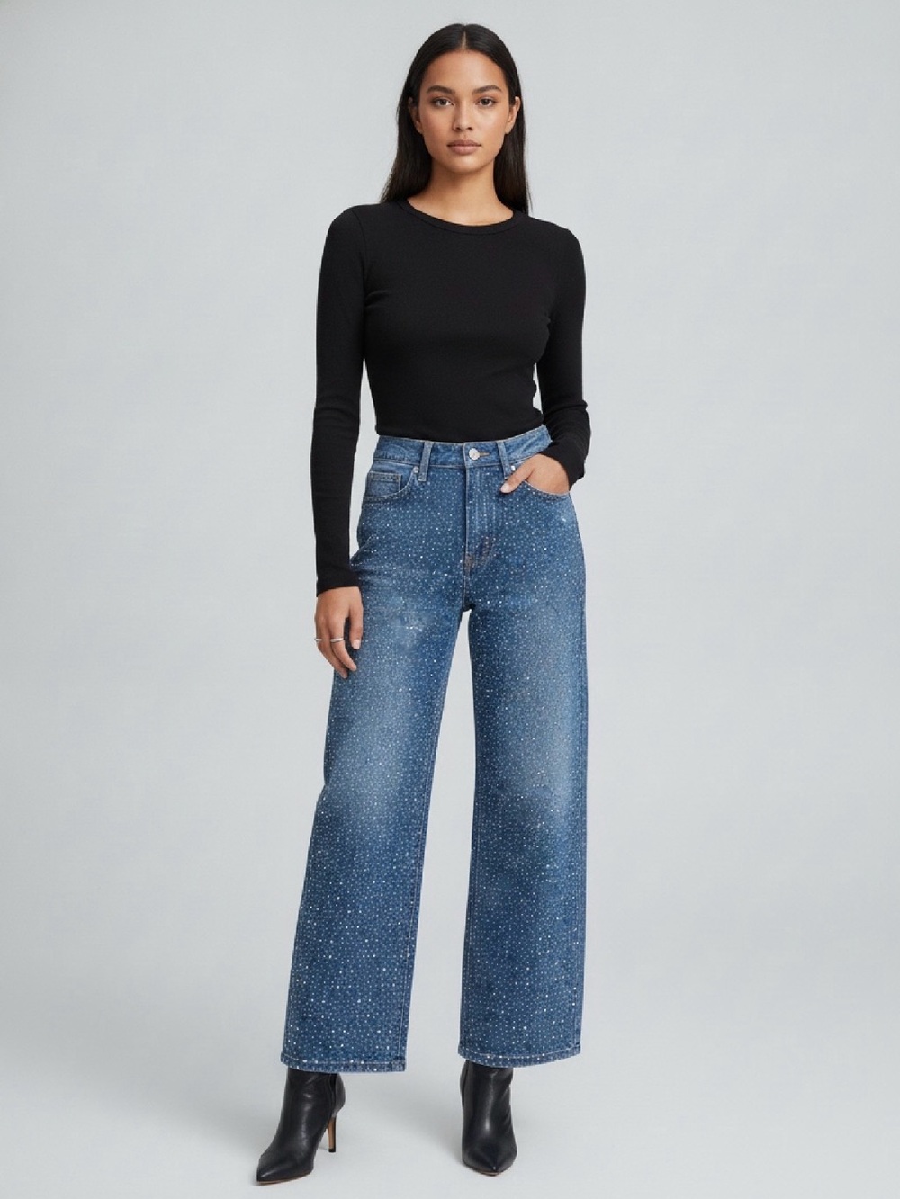 AMERICAN BAZI ALL-OVER RHINESTONE WIDE LEG JEANS